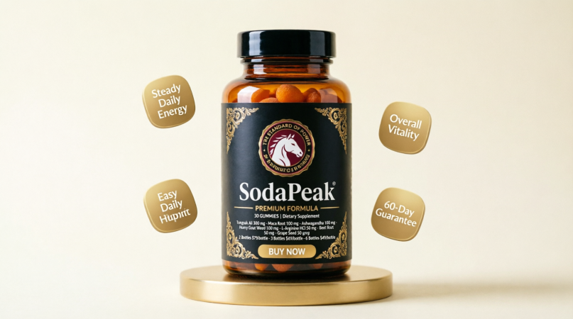 amber bottle of men's daily vitality gummies on a gold display stand