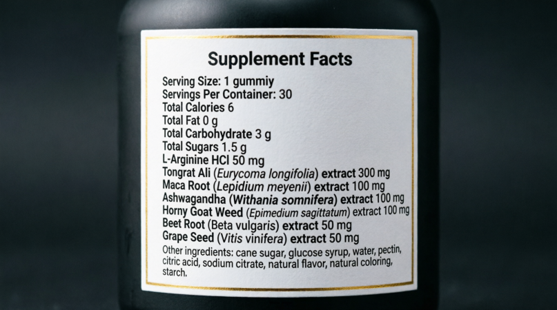 supplement facts panel showing seven botanical extracts with printed milligram doses